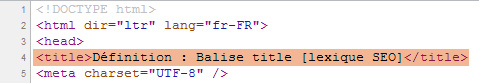 Capture d'écran d'une balise Title dans le code source