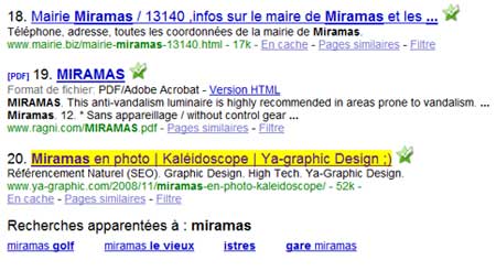 Ya-graphic.com apparaît surligné en jaune pour le mot clé « Miramas »