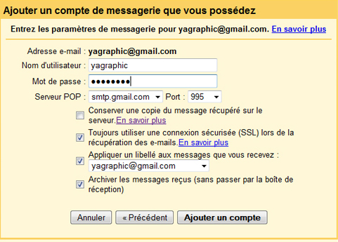 Paramètres POP messagerie Gmail
