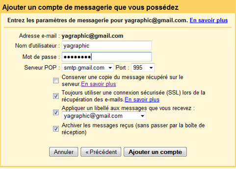 Paramètres POP messagerie Gmail Paramètres POP messagerie Gmail