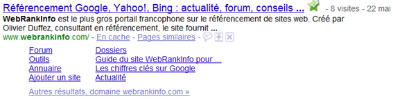 Sitelinks du site d'actualités référencement Webrankinfo.com