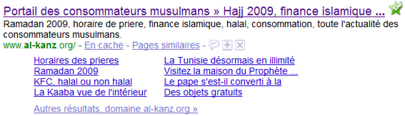 Sitelinks du portail des consommateurs musulmans Alkanz.org