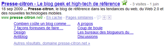 Sitelinks du blog geek et High-Tech Presse-citron.net