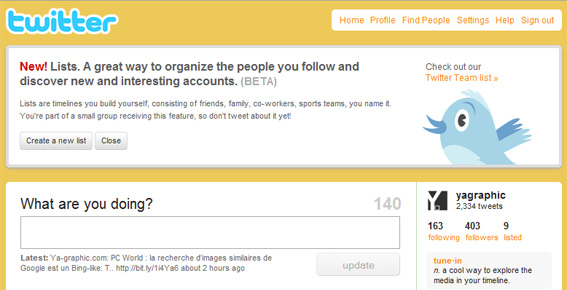 L'option Lists de Twitter sur http://twitter.com/yagraphic