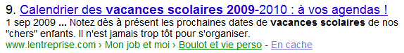 Requête tapée dans google : « vacances scolaires 2009 »