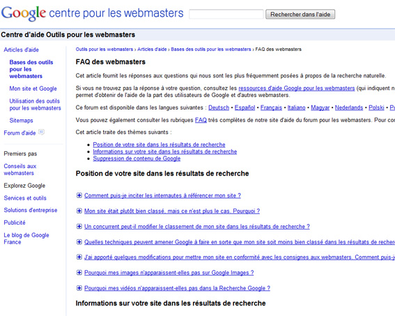 FAQ des webmasters par google