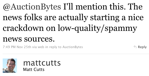 Matt Cutts sur Twitter - les sites qui spamment Google News seront évincés de Google News