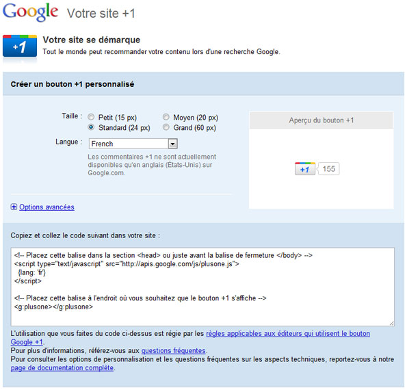 Obtenir le bouton Google +1