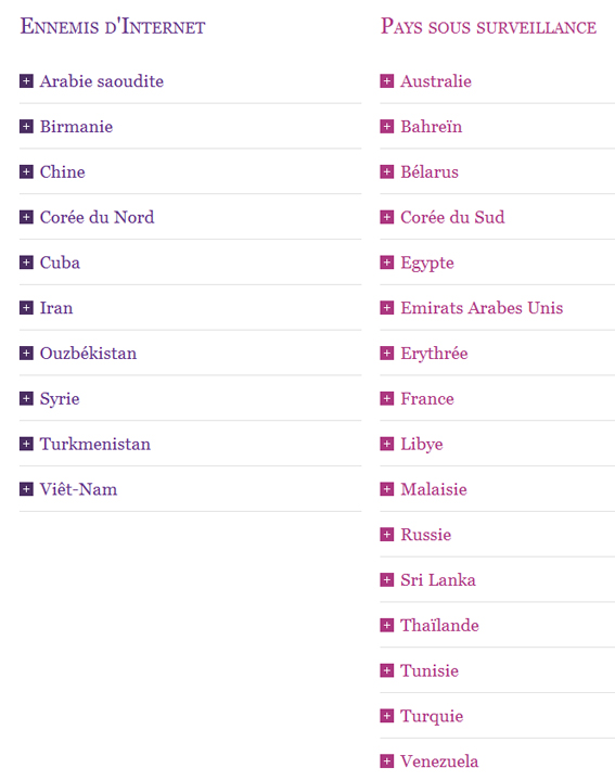 Liste des pays ennemis d'Internet mise à jour par Reporters Sans Frontières