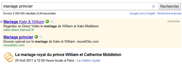 Mariage princier recherché sur Google.fr