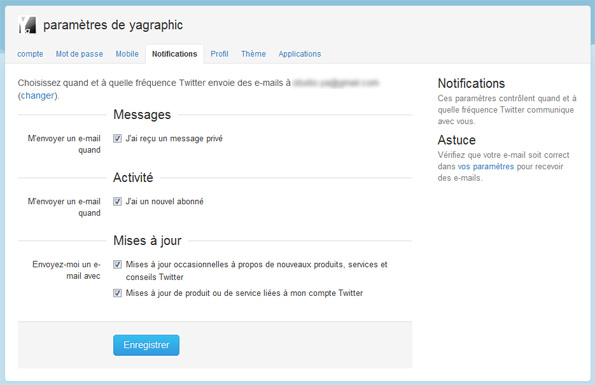 Notifications de Twitter dans les Préférences de son compte