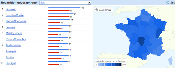 Affaire DSK : Tendances des recherches par répartition géographique.