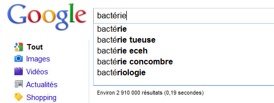 Suggestions de Google pour le mot-clé bactérie