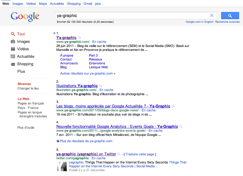 Nouvelle présentation des résultats de recherche de Google, juin 2011