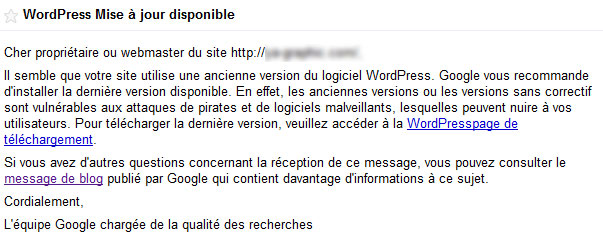 Message de Google Outils pour les webmasters