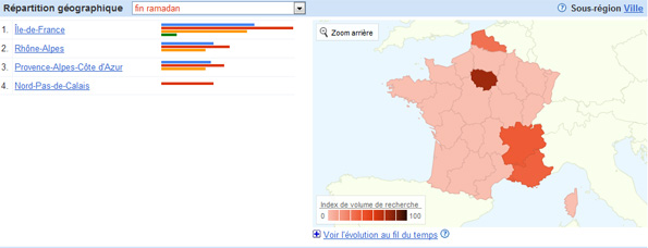 Carte de France. Google Tendances des recherches "fin ramadan".