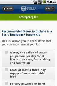 Liste de contrôle de trousse d'urgence. Application FEMA pour Android.
