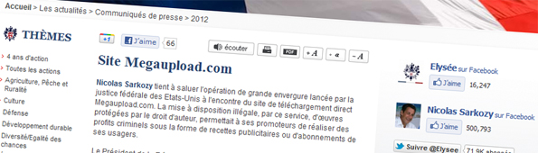 Communiqué de presse de l'Elysée : Le site Megaupload.com