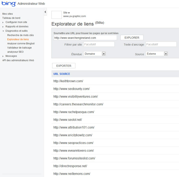 Explorateur de liens dans Bing Webmaster Tools