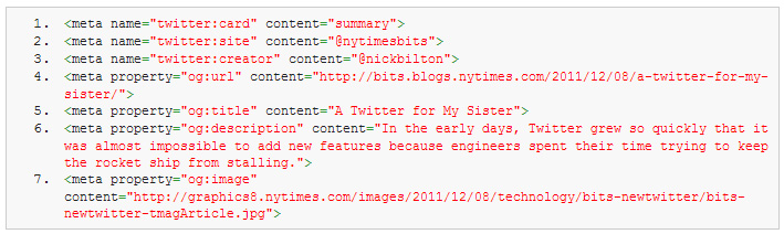 Balises Twitter et Open Graph dans le code source des pages HTML.