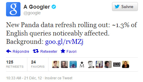 23ème mise à jour des données de Google Panda annoncée sur Twitter