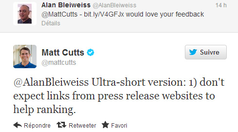 Matt Cutts sur Twitter au sujet du communiqué de presse