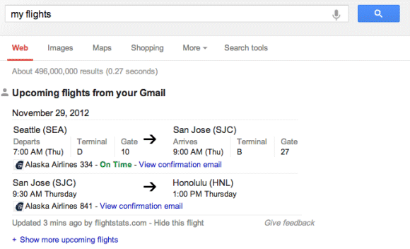 Google notifie les réservations de vols dans les résultats de recherche
