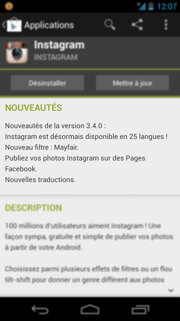 Mise à jour de l'application Instagram, version 3.4