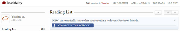 Readability intègre Facebook dans son application de lecture différée.