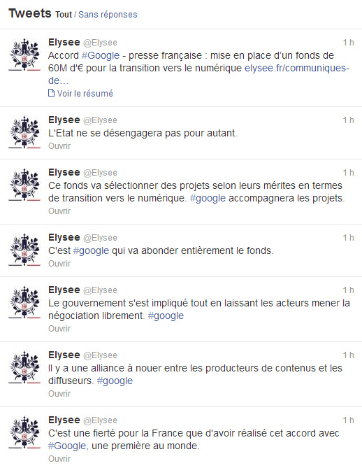 Tweets de l'Élysée au sujet de la conférence entre Google et les éditeurs de presse française.
