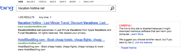 Le système d'avertissement de programmes malveillants dans le moteur de recherche de Bing.