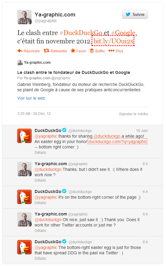 Échange de tweets entre DuckDuckGo et Ya-graphic sur Twitter