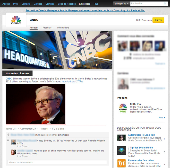 Page Entreprise LinkedIn de CNBC