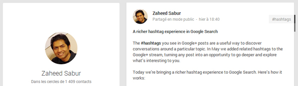 Publication Google+ de Zaheed Sabur, ingénieur logiciel chez Google