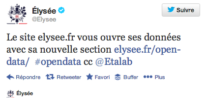 Tweet de l'Elysée qui annonce l'ouverture des données au public.