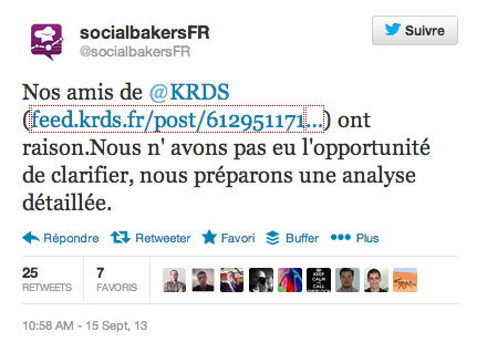 Tweet de Socialbakers France à propos d'un article du blog KRDS FEED