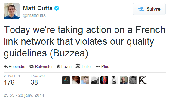 La plateforme d'articles sponsorisés Buzzea (réseau de liens français) visée par Matt Cutts dans Twitter.