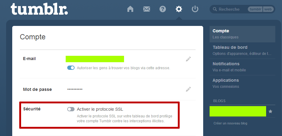 Activer sécurité SSL dans Tumblr