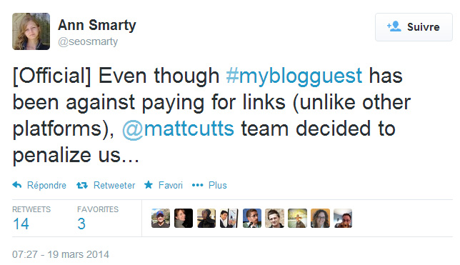 Ann Smarty dans Twitter : MyBlogGuest pénalisé par Google