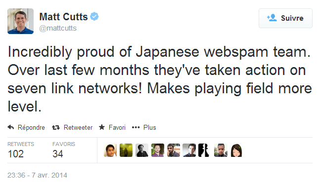 Tweet de Matt Cutts au sujet des réseaux de liens au Japon