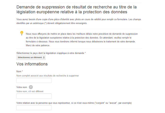 Formulaire de Google : droit à l'oubli