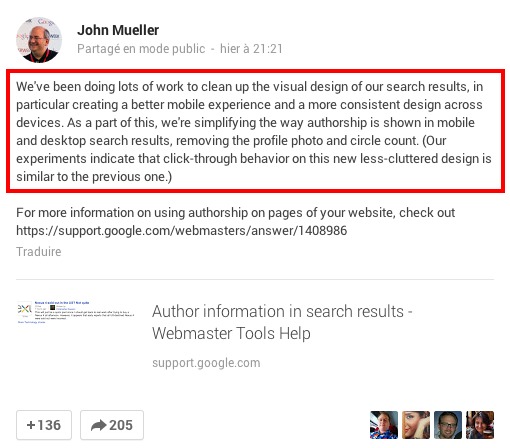 John Mueller : la photo auteur de Google+ sera supprimée des résultats de recherche de Google.fr