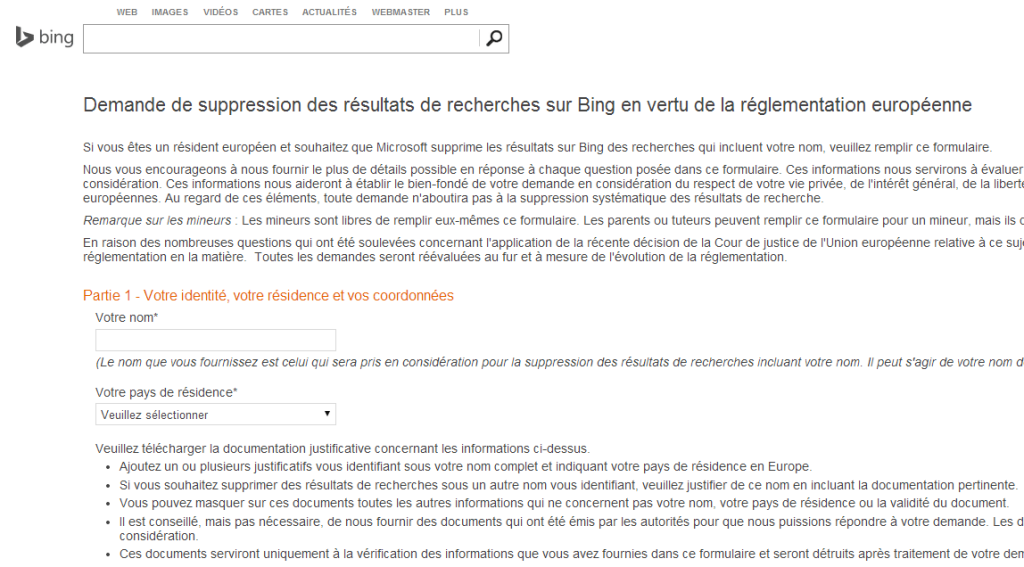 Bing demande de suppression de liens (droit à l'oubli)