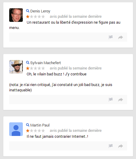 Avis négatifs du restaurant dans Google+ Local