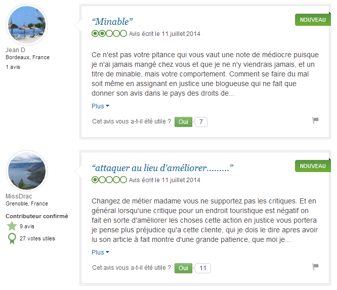 Avis négatifs du restaurant dans Tripadvisor.