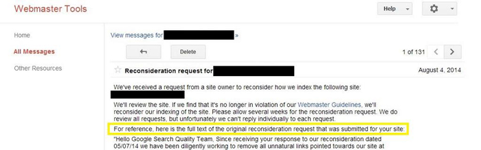 Google Webmaster Tools : archive demande de reconsidération