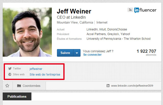 Coordonnées dans LinkedIn (liens externes)