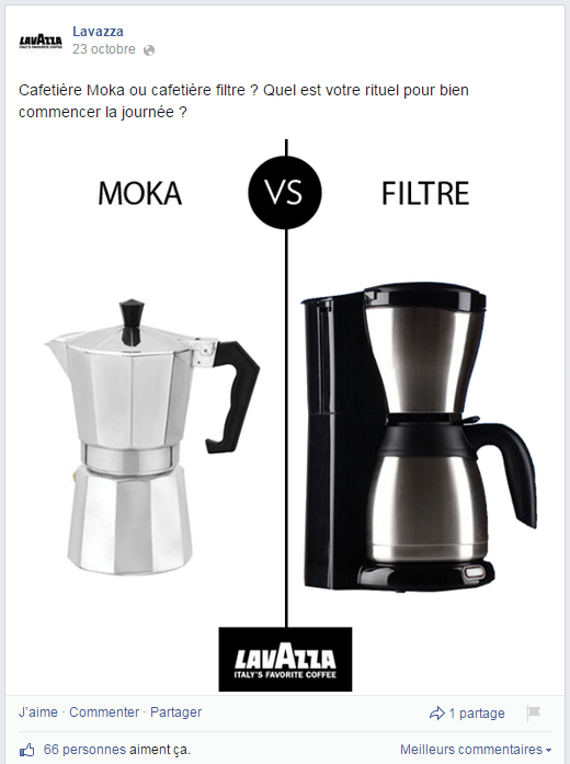 Comparaisons entre la cafetière Moka et la cafetière filtre dans la page Facebook de Lavazza