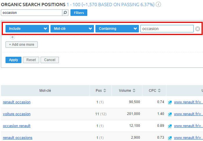 Filtre de mots clés dans SEMrush