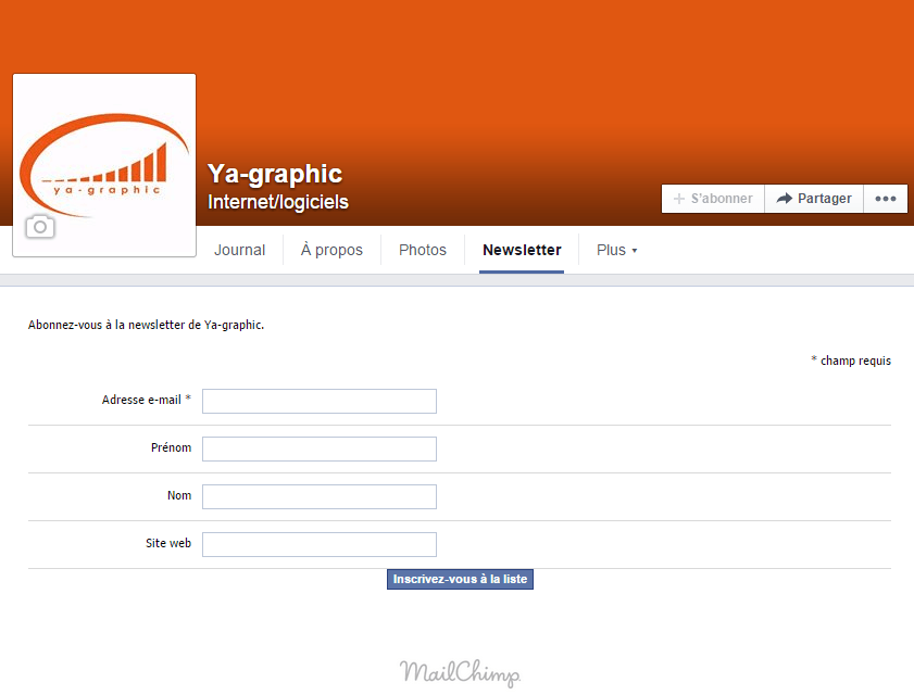 Le formulaire de newsletter intégré dans la page Facebook